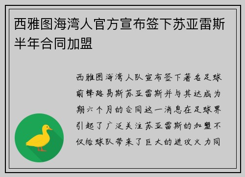 西雅图海湾人官方宣布签下苏亚雷斯半年合同加盟 西雅图海湾人官方宣布签下苏亚雷斯半年合同加盟
