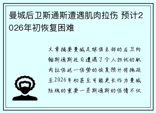 曼城后卫斯通斯遭遇肌肉拉伤 预计2026年初恢复困难 曼城后卫斯通斯遭遇肌肉拉伤 预计2026年初恢复困难