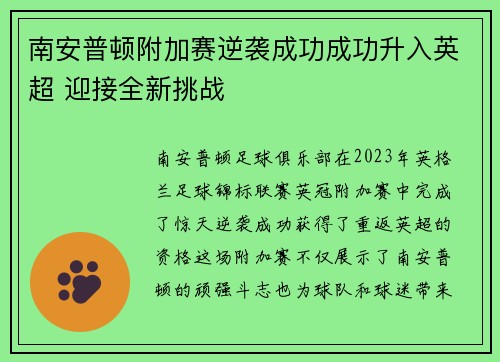 南安普顿附加赛逆袭成功成功升入英超 迎接全新挑战 南安普顿附加赛逆袭成功成功升入英超 迎接全新挑战